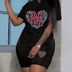 Letter & Heart Print Top & Shorts Set