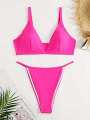 Sexy Bikini Set Women's Solid Deep V Neck Padded Bra & Thong Swimsuit