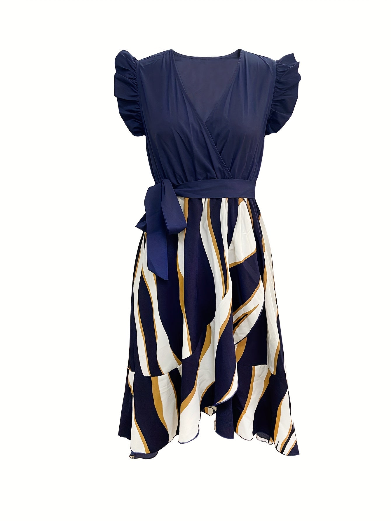Abstract Striped Print Dress Surplice Neck Ruffle Trim Dress