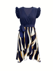 Abstract Striped Print Dress Surplice Neck Ruffle Trim Dress