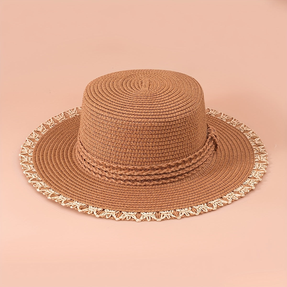 Flat Top Stitching Sun Hat Khaki Wide Brim Sunscreen Straw Hat