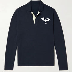Dragon Pattern Knit Polo Shirt Men's Casual Lapel Middle Stretch V Neck Pullover