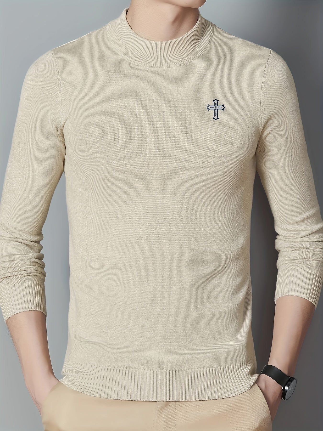 Men's Cross Pattern Knit Sweater Warm Pullover for Fall Winter