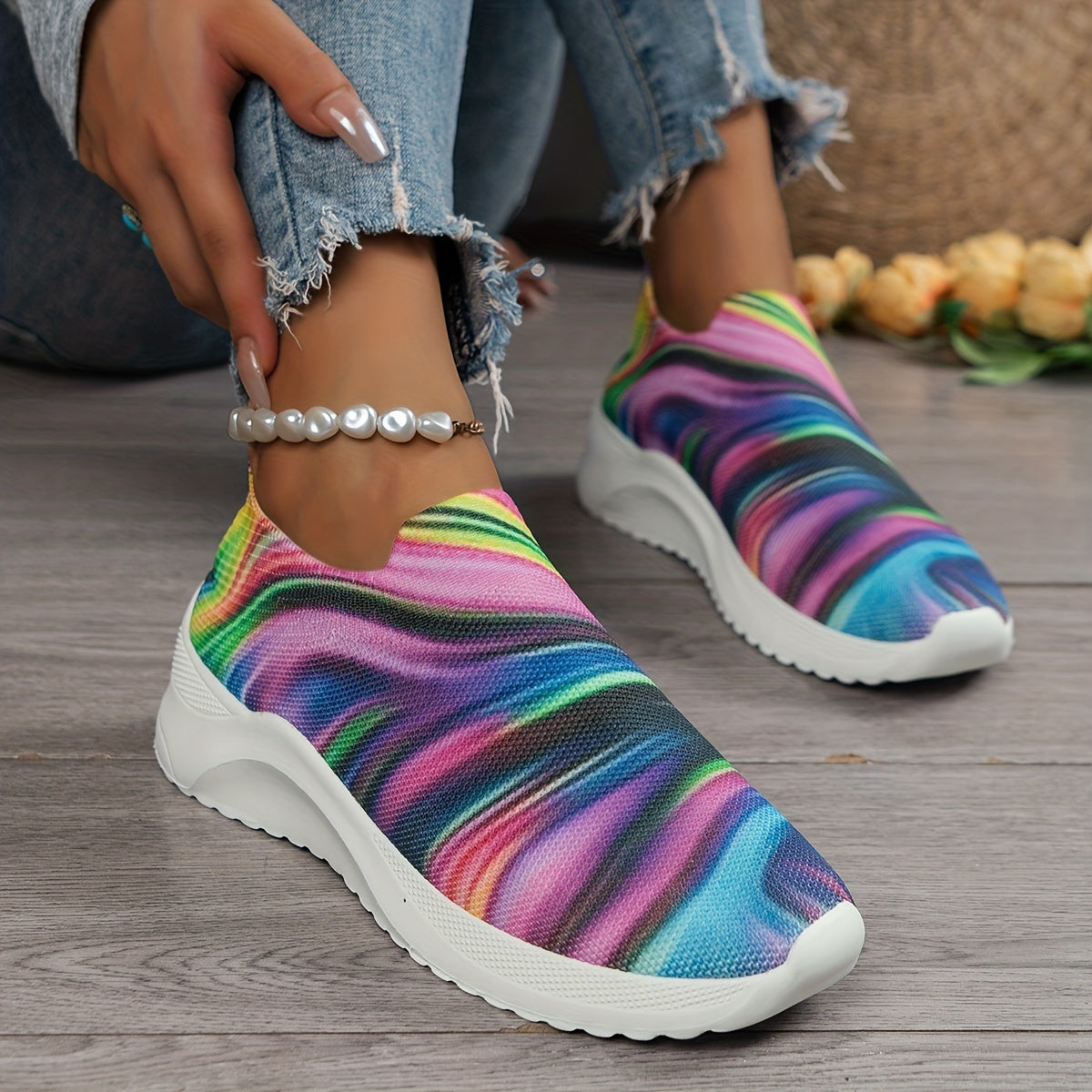 Women's Colorblock Woven Sneakers Lightweight Slip On Sock Shoes
