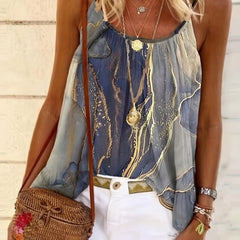 Marble Print Spaghetti Cami Top Ruched Scoop Neck Summer Top