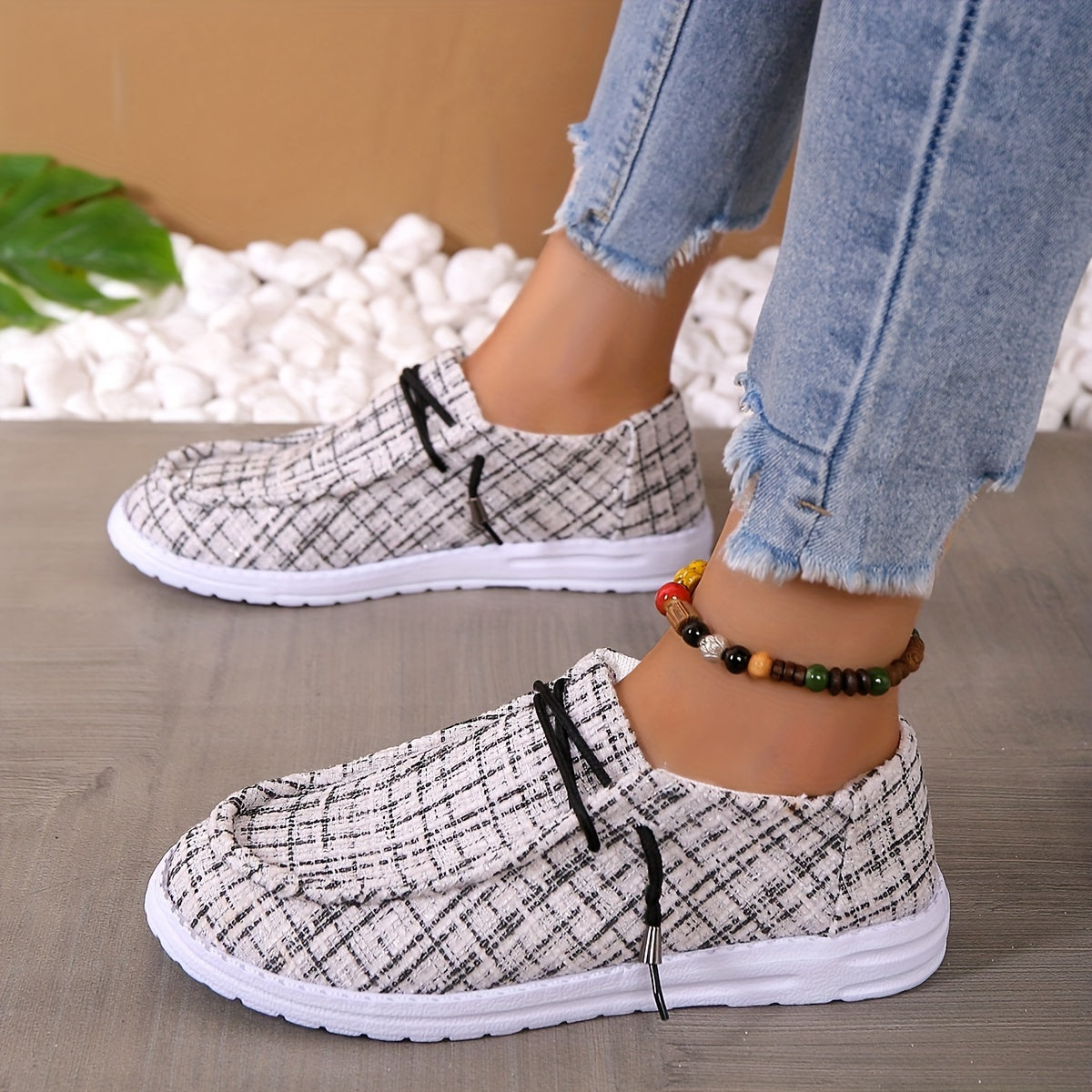 Women's Plaid Canvas Slip On Loafers Casual Flat Walking Shoes