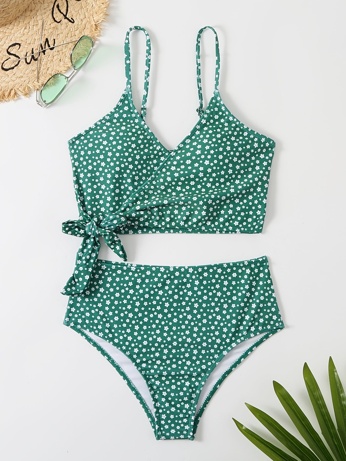 Green Layered Tie Side Bikini Set High Waist High Cut Two Piece Swimsuit