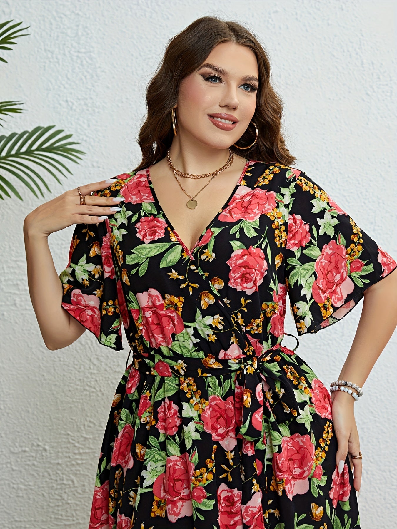 Plus Floral Print Short Sleeve Surplice Neck Stretch Midi Dress With Belt