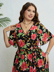 Plus Floral Print Short Sleeve Surplice Neck Stretch Midi Dress With Belt