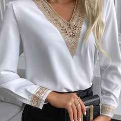 Colorblock Lace Lantern Sleeve V Neck Top
