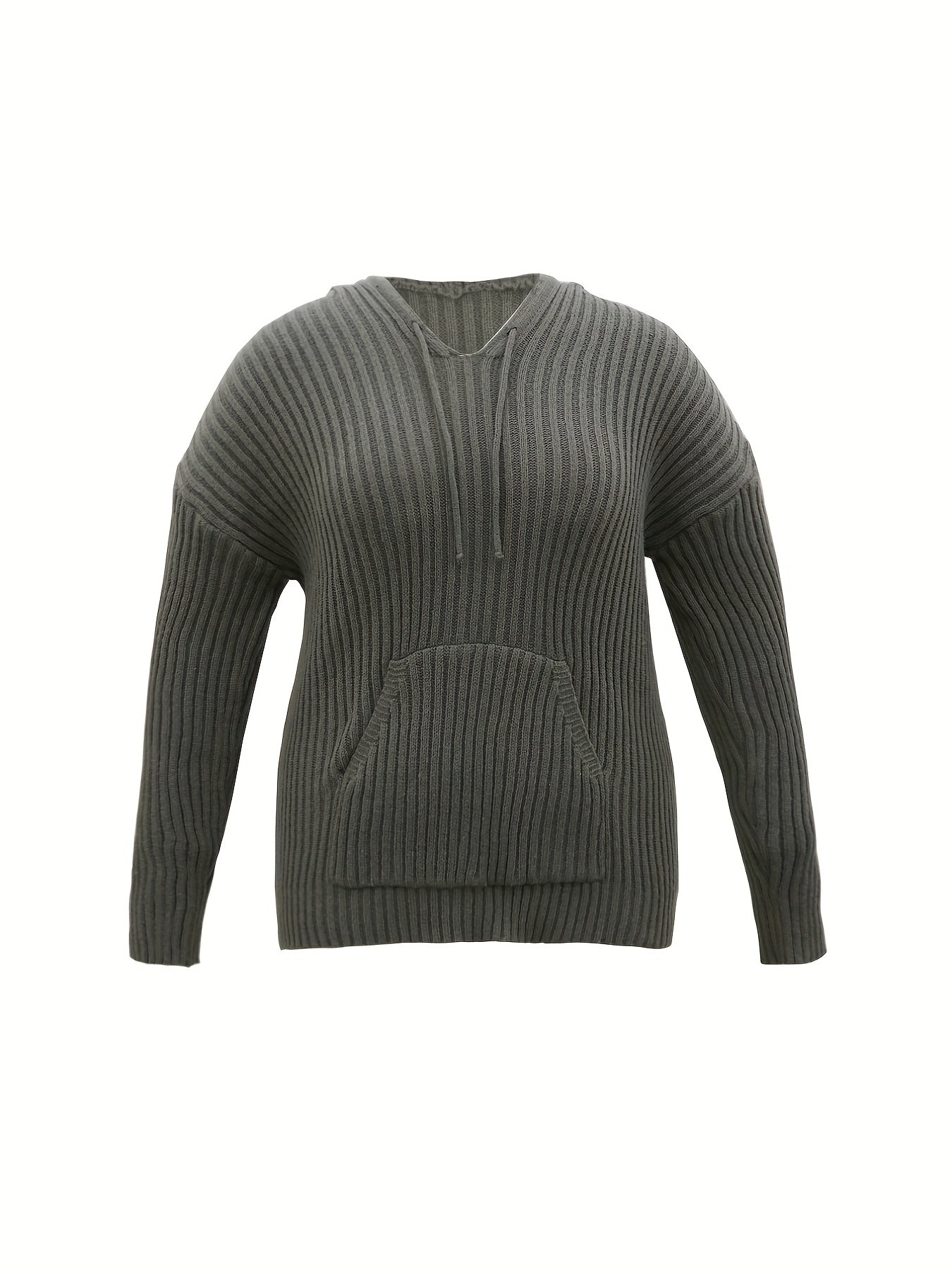Solid Ribbed Long Sleeve Hooded Knit Top