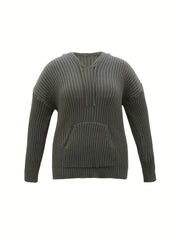 Solid Ribbed Long Sleeve Hooded Knit Top