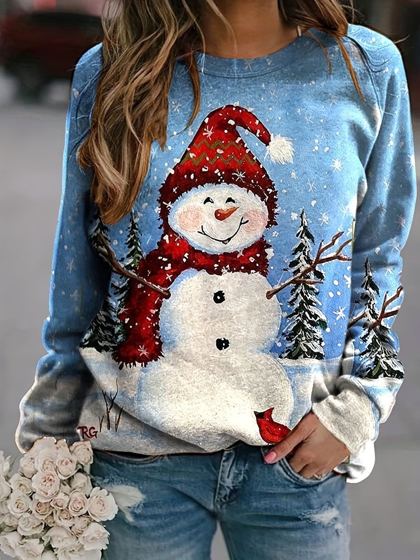 Snowman Print Crew Neck Pullover Sweatshirt for Women