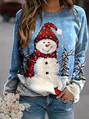 Snowman Print Crew Neck Pullover Sweatshirt for Women