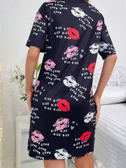 Lips & Letter Print NightDress Short Sleeve