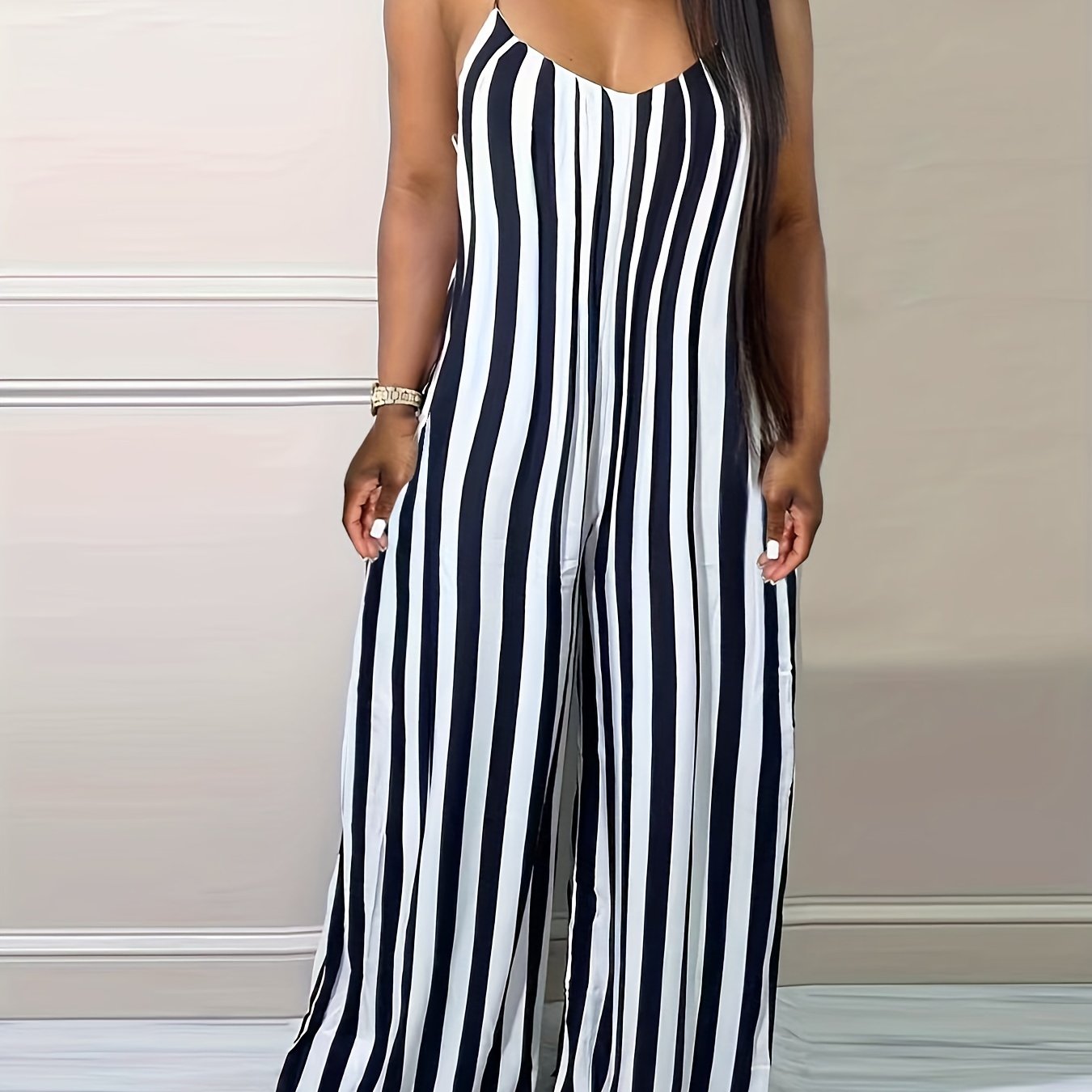 Stripe Print Cami Jumpsuit Spaghetti Strap Women's Clothing