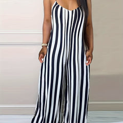 Stripe Print Cami Jumpsuit Spaghetti Strap Women's Clothing