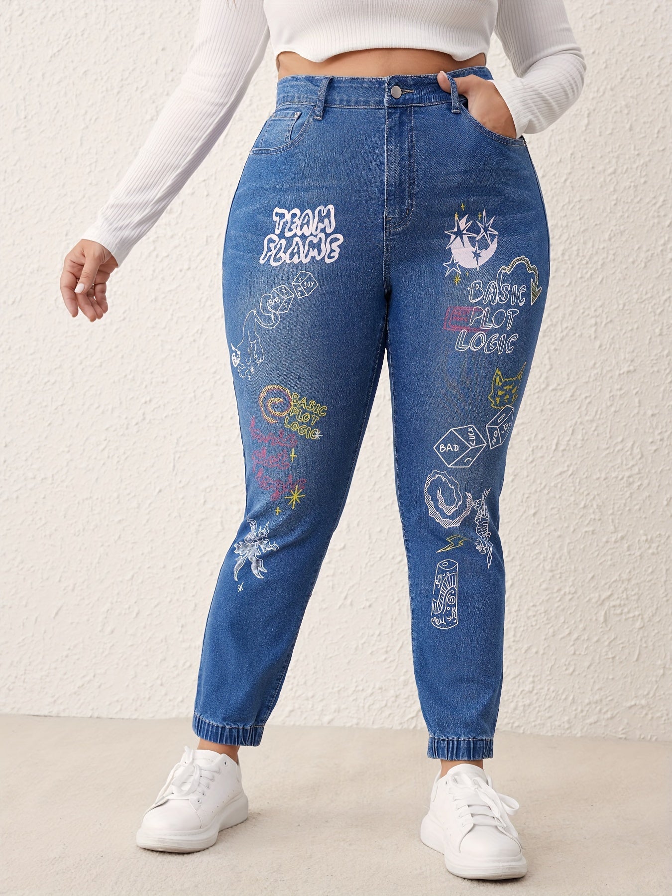 Casual Jeans Women's Plus Graphic Print High Stretch Jeans