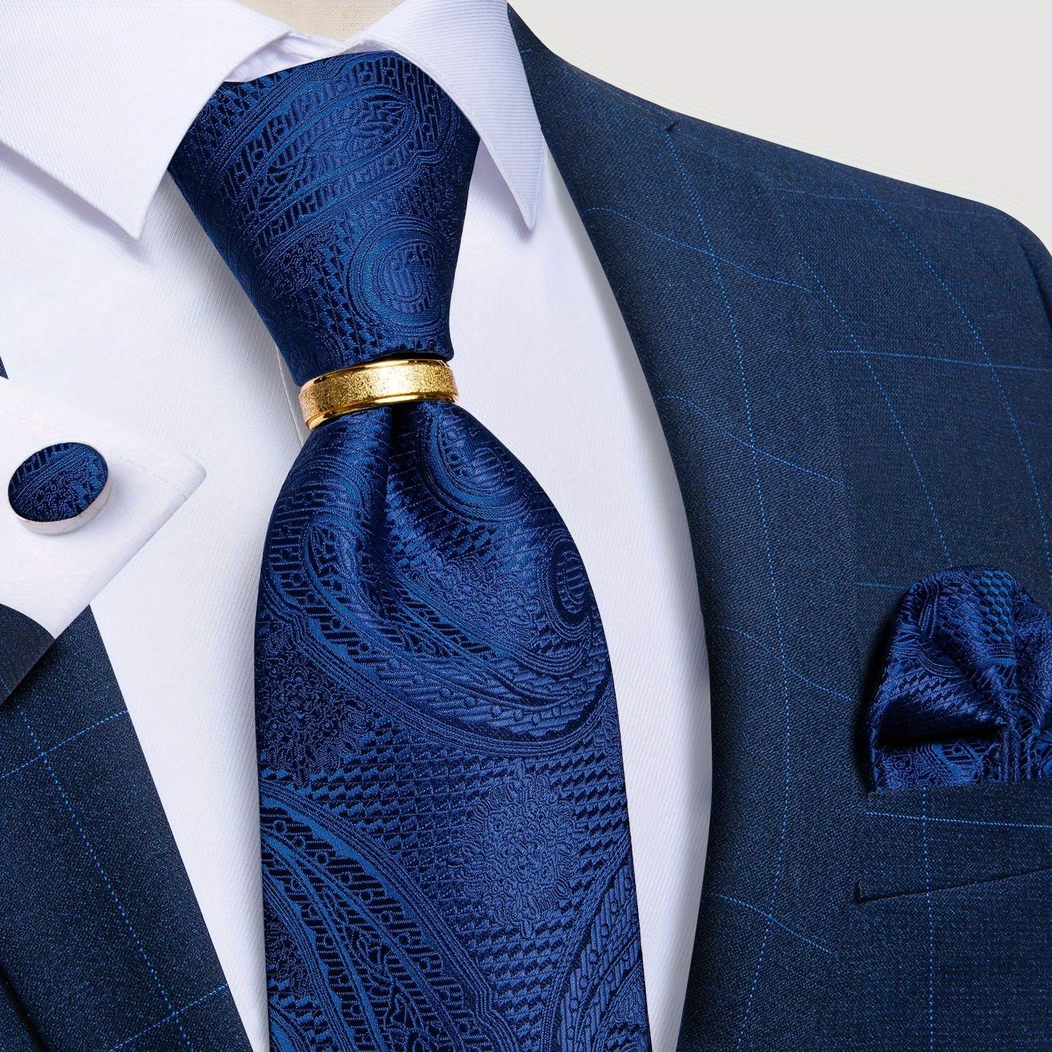 Men's Business Silk Tie Set W/ Ring Handkerchief Cufflinks