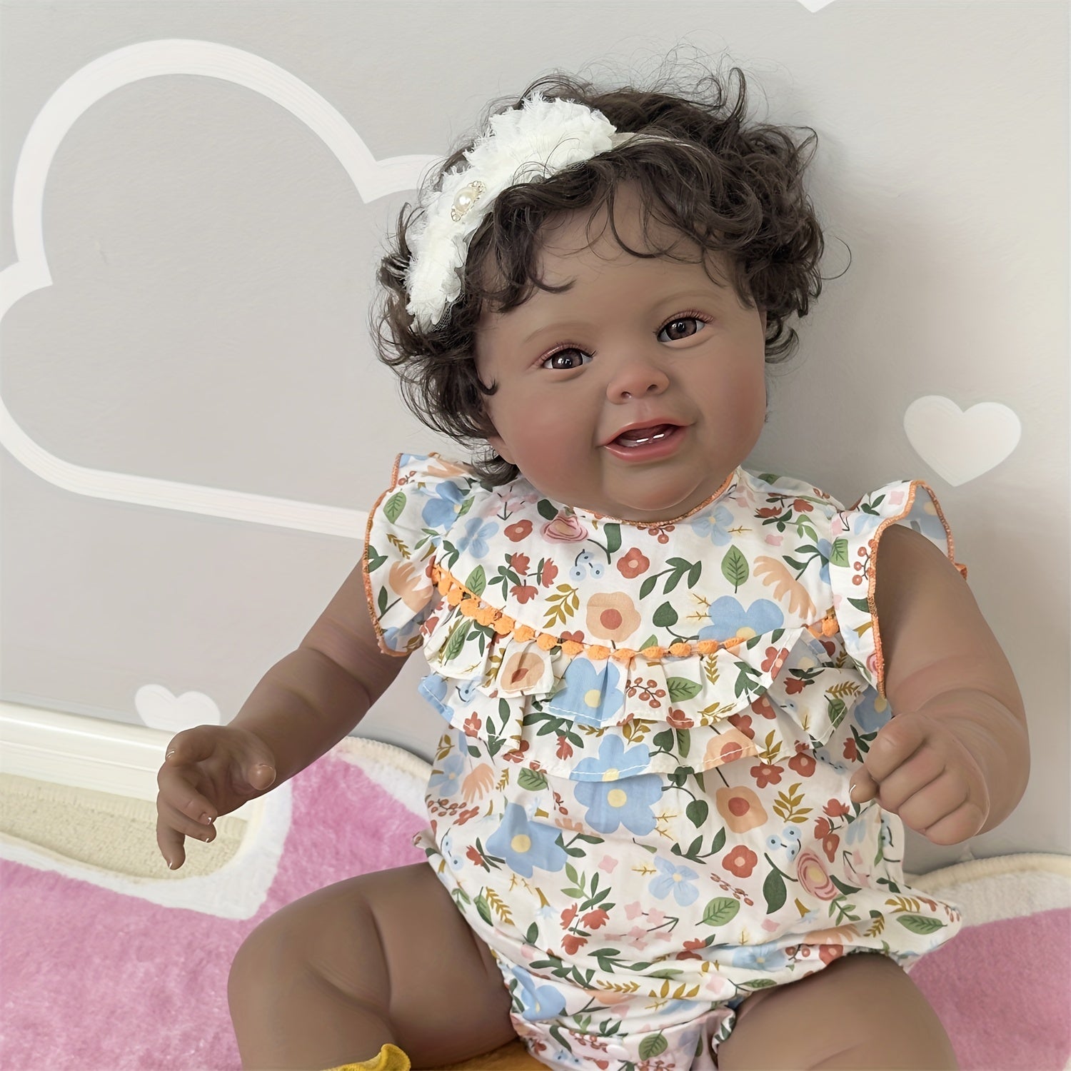 Adorable 24" Reborn Doll Smiling Face Dark Brown Skin Hand Rooted Hair