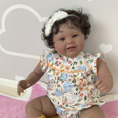 Adorable 24" Reborn Doll Smiling Face Dark Brown Skin Hand Rooted Hair