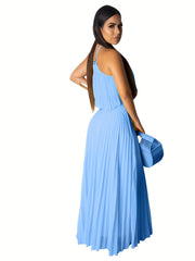 Pleated Two-Piece Set Spaghetti Top & Maxi Skirt Women's Outfit