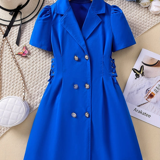 Girls' Lace Up Waist Lapel Short Sleeve Dress Casual Fit Kids Party Dresses