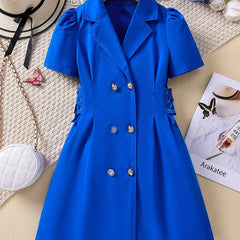 Girls' Lace Up Waist Lapel Short Sleeve Dress Casual Fit Kids Party Dresses