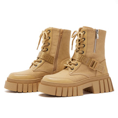 Women's Canvas Ankle Boots Belt Side Zipper Combat Boots