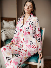 Heart Print Pajama Set Long Sleeve Top & Pants Women's Sleepwear