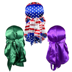 3pcs Flag Pattern Durag With Long Tail Silk Like Satin Durag