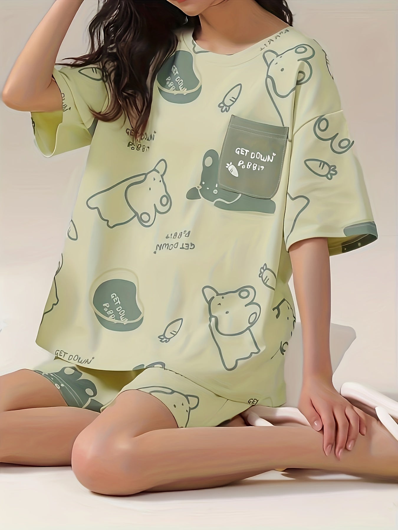 Bunny Print Pajama Set Short Sleeve Top & Shorts Women's Sleepwear