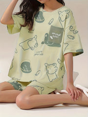 Bunny Print Pajama Set Short Sleeve Top & Shorts Women's Sleepwear