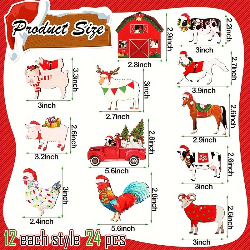24pc Wooden Farm Animal Christmas Ornaments Cow Pig Rustic Decor Xmas Trees