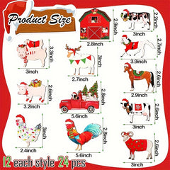 24pc Wooden Farm Animal Christmas Ornaments Cow Pig Rustic Decor Xmas Trees