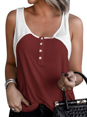 Waffle Knit Stitching Tank Top Crew Neck Button Sleeveless