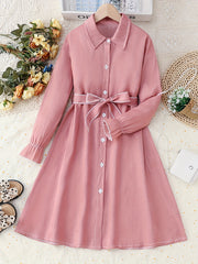Girls' Faux Denim Long Sleeve Dress With Belt Comfy Long Dresses