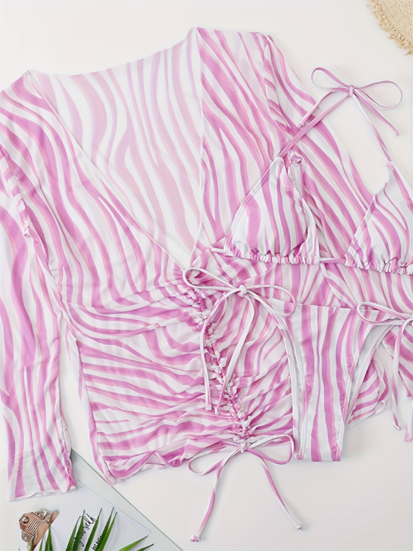 Striped Tie Back Bikini Set & Cover Up
