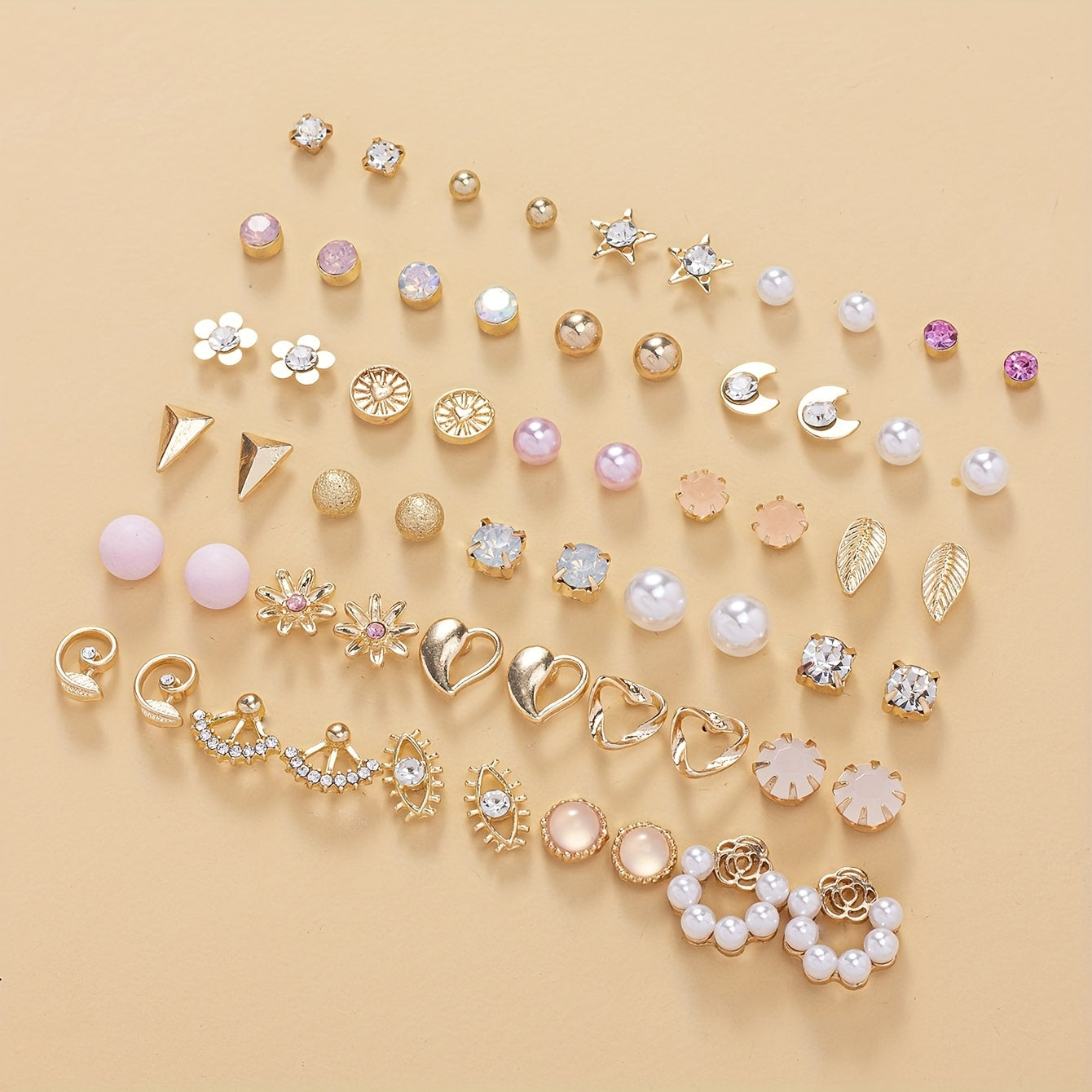 30 Pairs Faux Pearl Leaf Moon Pattern Zircon Earrings Set for Women Girls