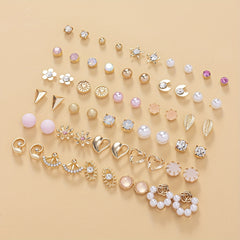 30 Pairs Faux Pearl Leaf Moon Pattern Zircon Earrings Set for Women Girls