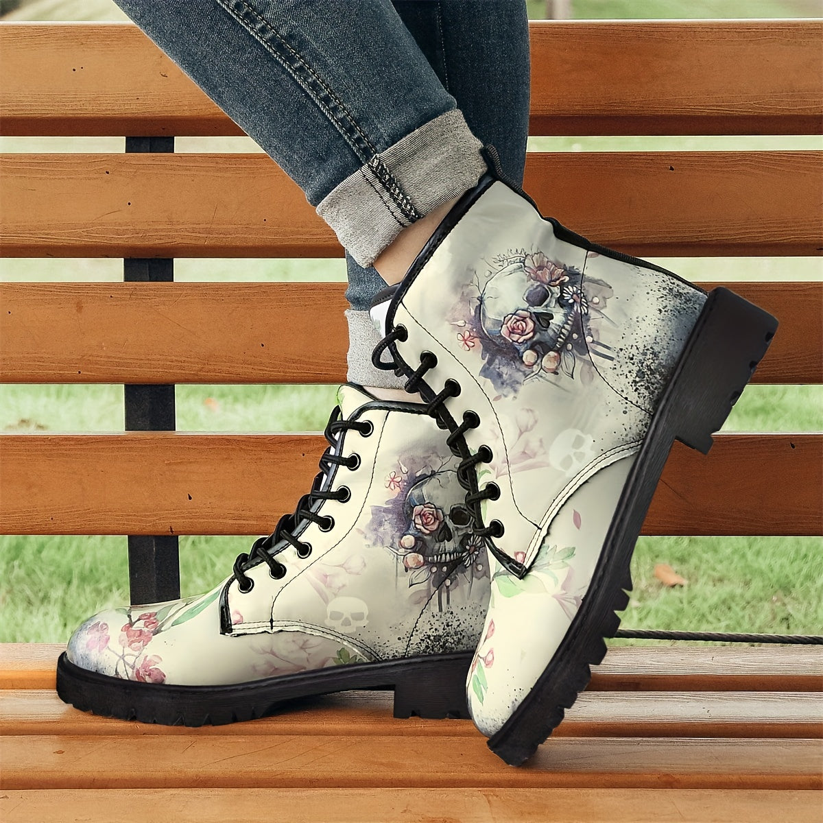 Skull & Floral Gothic Style Lace Up Ankle Boots