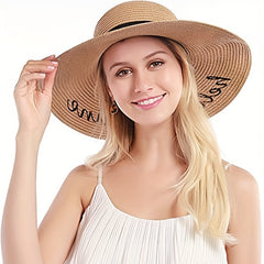 Hellow Sunshine Embroidery Sun Hat Wide Brim Sunscreen Straw Hat