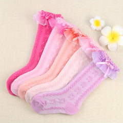 Girls Ruffled Princess Bow Knee High Socks Lace Stockings