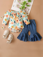 2pcs Toddler Baby Ruffle Off Shoulder Romper & Flared Leg Denim Pants