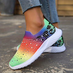 Women's Rainbow Knitted Sneakers Comfy Rhinestone Slip On Sports Shoes