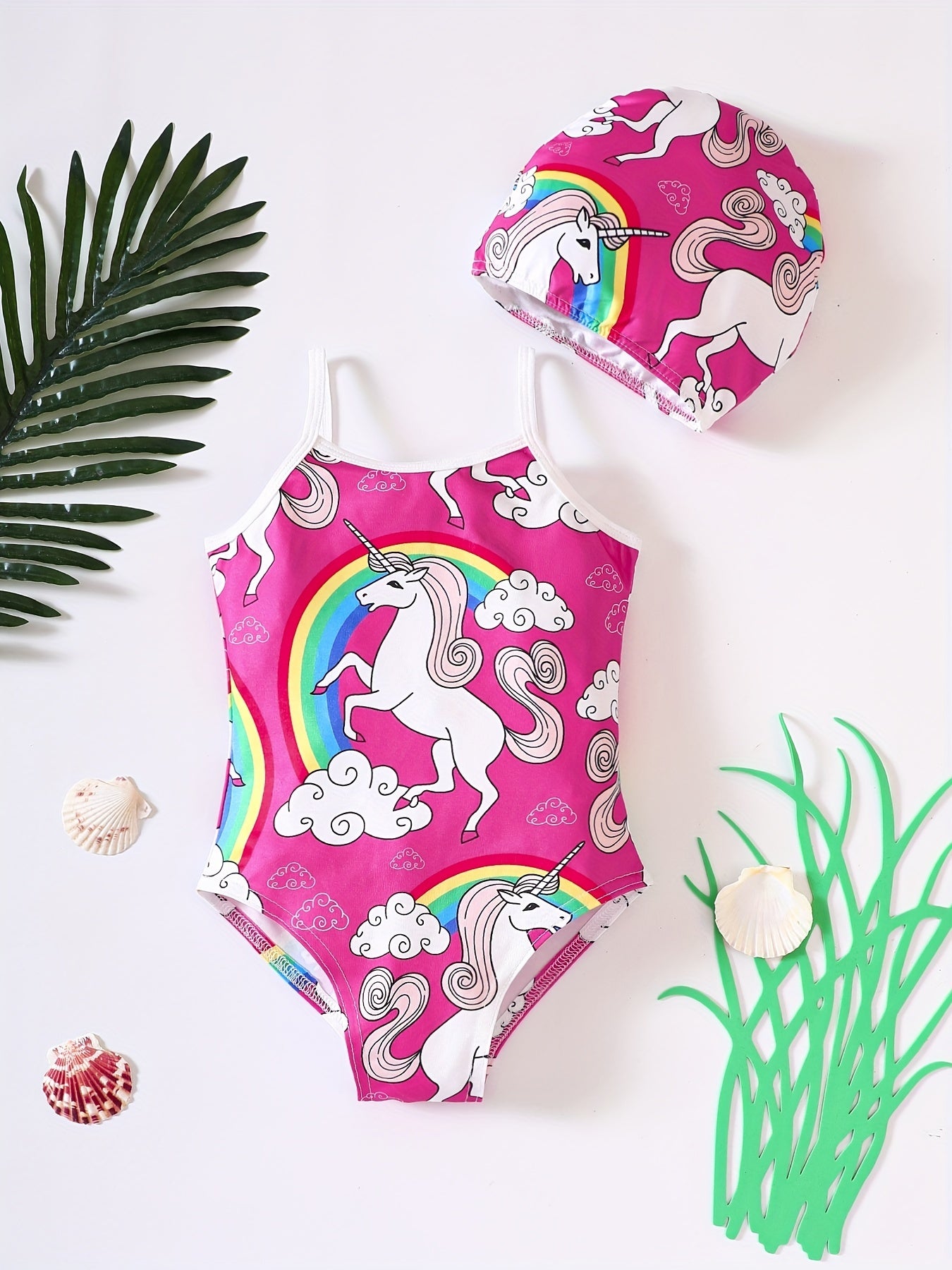 Girl's Unicorn Print Onesie Swimsuit & Cap