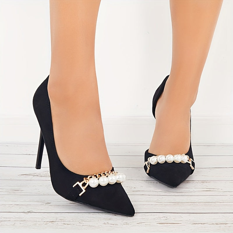 Faux Pearl Chain High Heels Pointed Toe Stiletto Heels