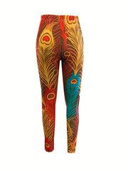 Peacock Feather Print Skinny Leggings Vintage High Waist Leggings