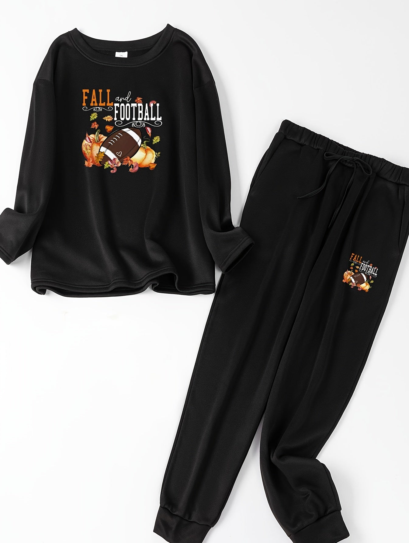 Rugby & Pumpkin Print Fleece Top & Joggers Pajama Set