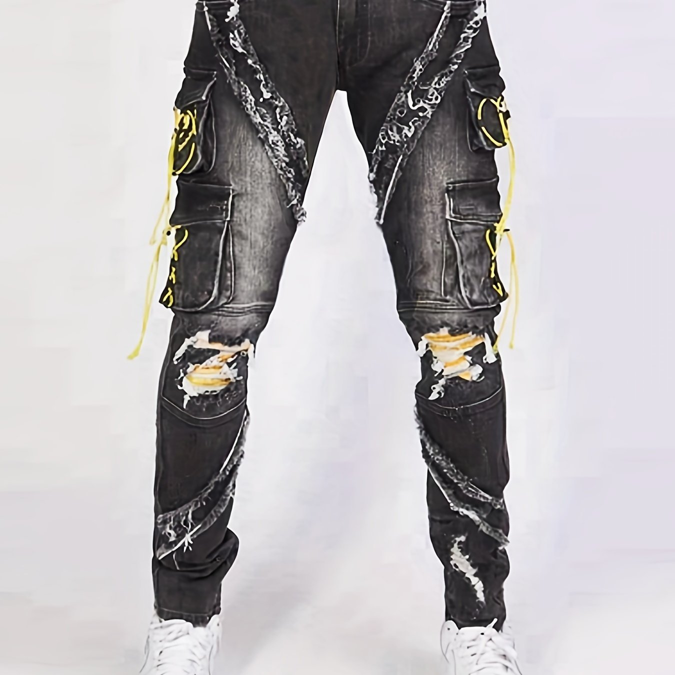 Men's Denim Cargo Pants Flap Pocket Jean Trousers